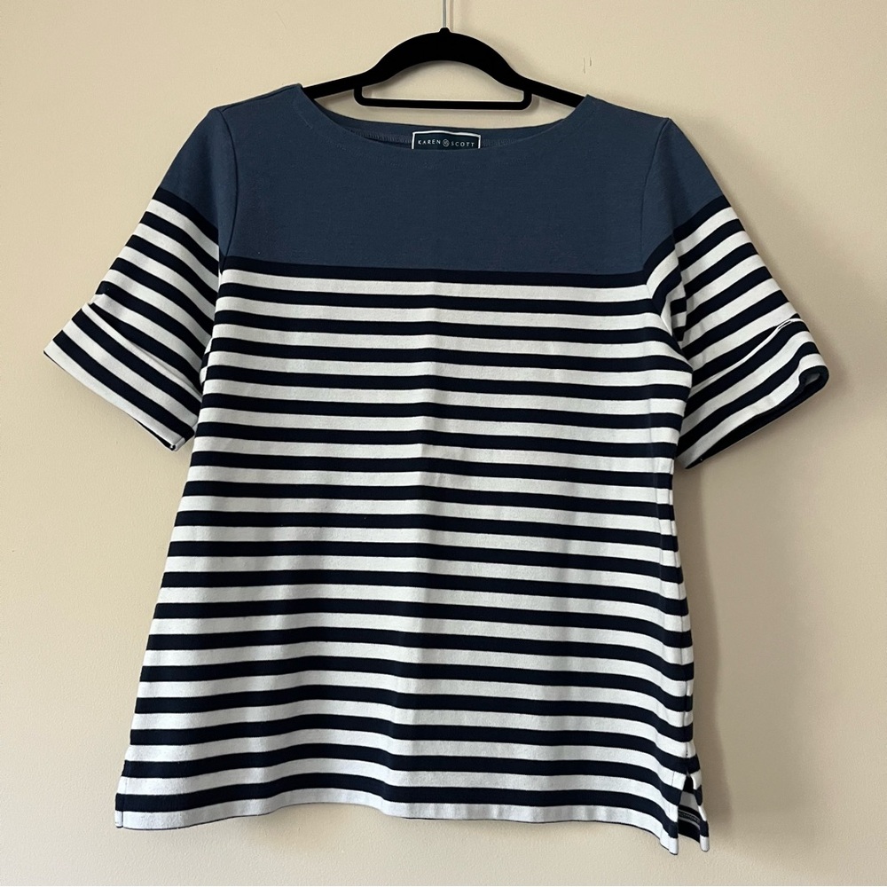 Karen Scott Striped Cuffed-Sleeve Knit Shirt